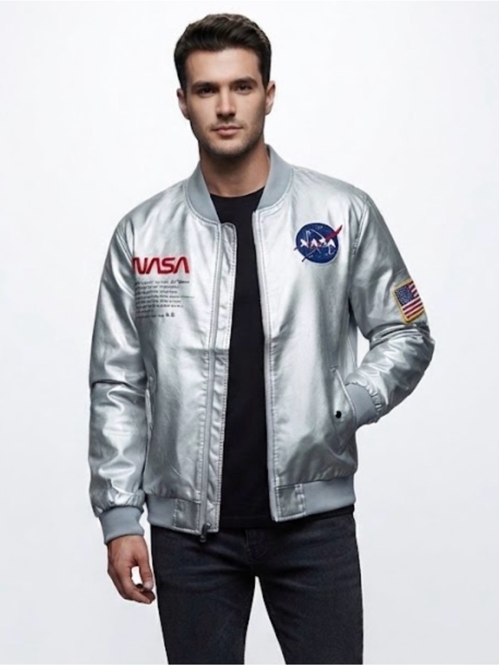 NASA Logo Silver Bomber Jacket - Men's Metallic Flight Jacket